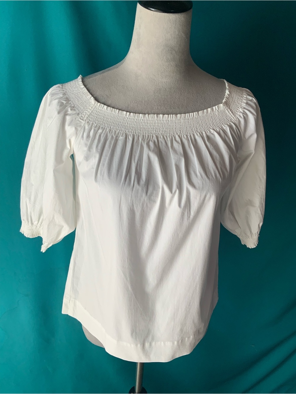 Trina Turk White Smocked Off-Shoulder Blouse w/Puff Sleeves